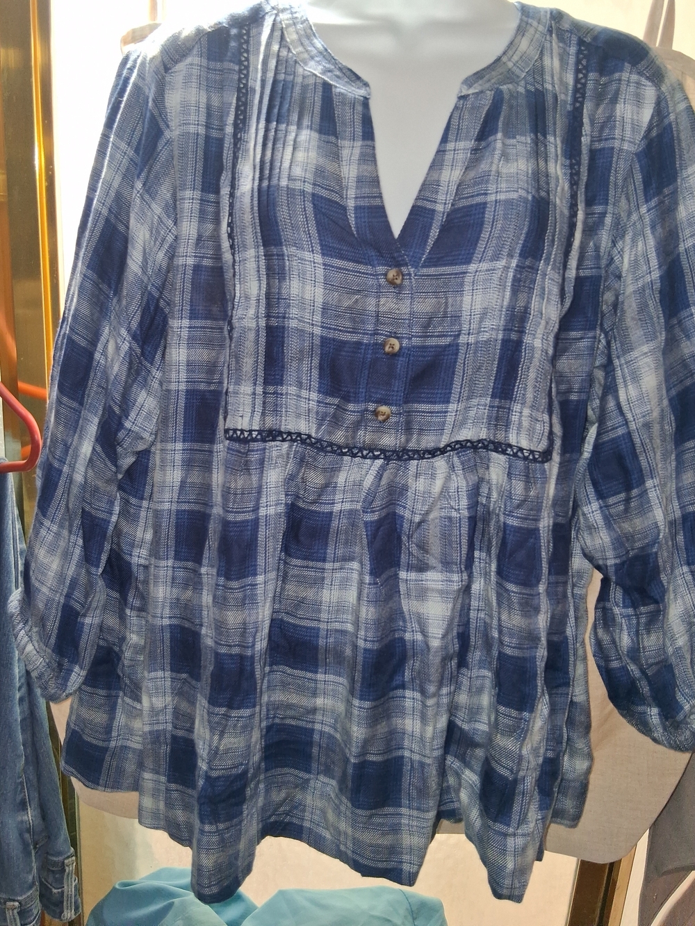 Wrangler Blue Plaid Button-Front Peasant Tunic